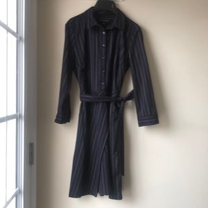 Navy pinstriped faux wrap dress